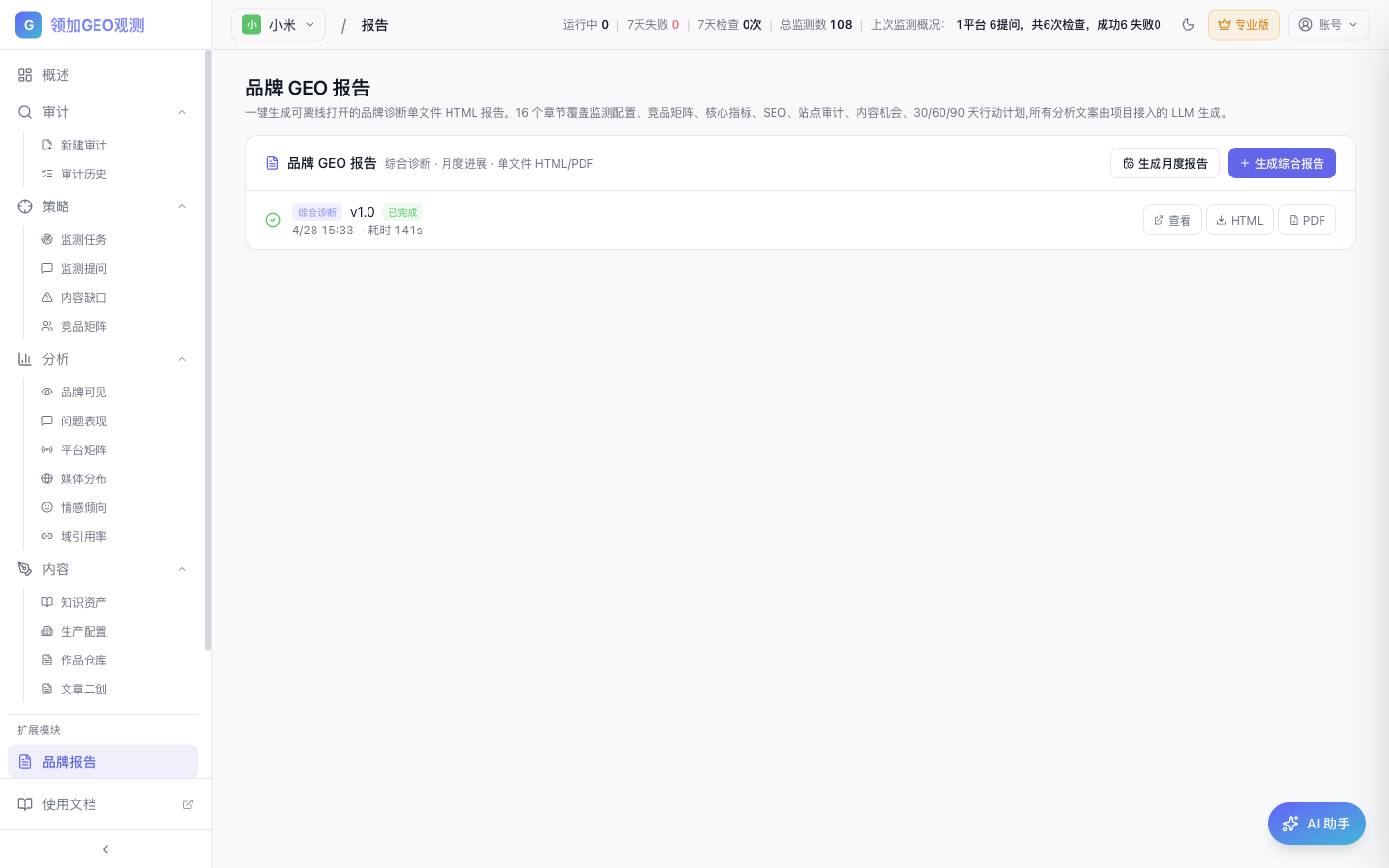 品牌 GEO 报告页面